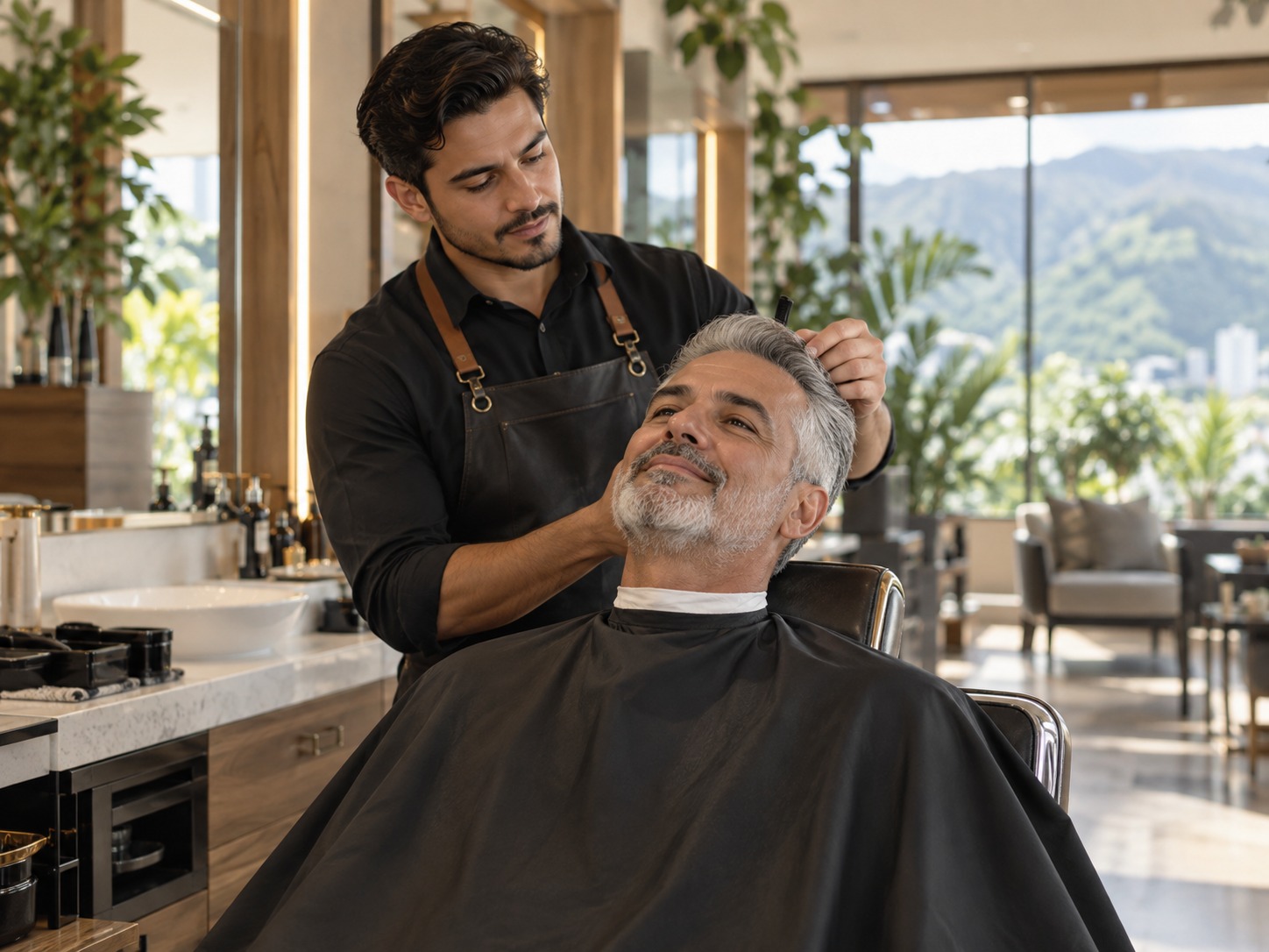 Escena ilustrativa de un barbero trabajando la barba de un hombre de cabello gris.